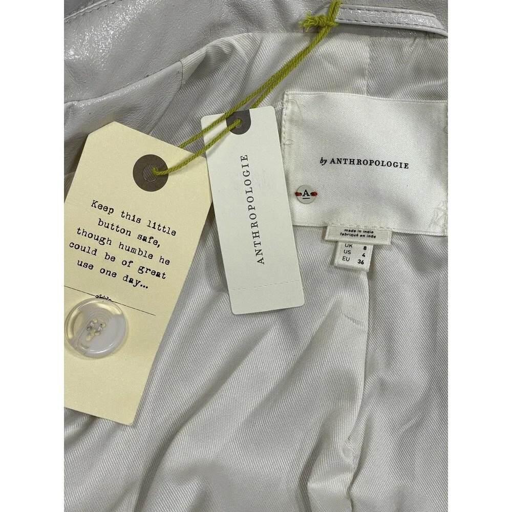 Anthropologie Trench Coat Women Ivory Belted High Shine Preppy Boho Size 4 NWT